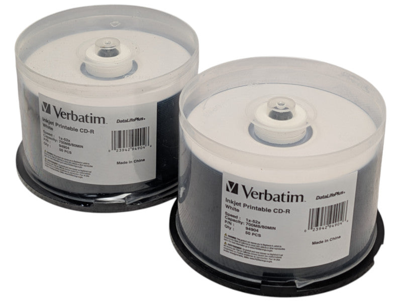 2 Packs 100 pcs Verbatim Inkjet Printable CD-R White 700MB 94904 -