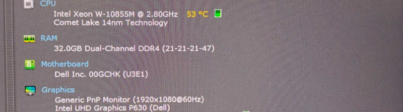 Dell Precision 7550 XEON W-10855M@2.8GHz RTX3000 6GB GPU 32GB RAM 256GB SSD  Lap200
