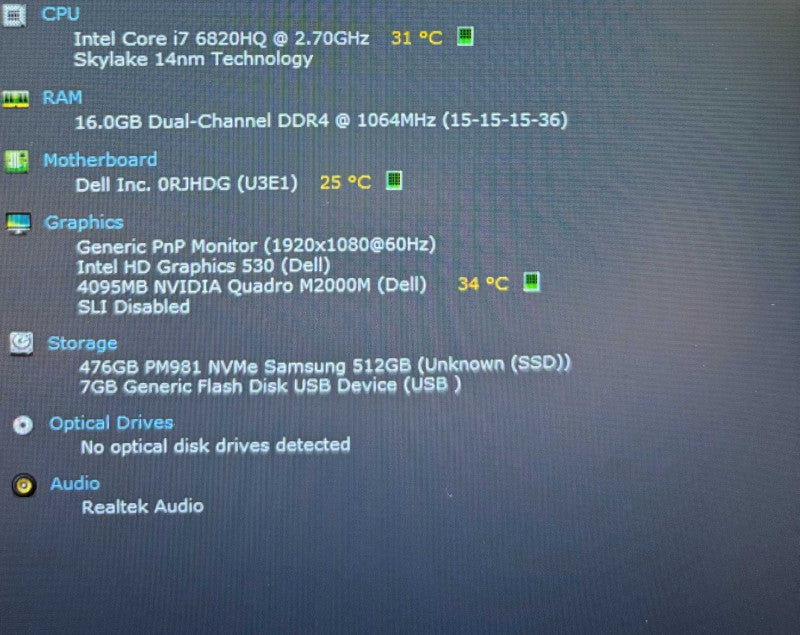 Dell Precision 7510 i7-6820HQ@2.7GHz QUADRO M2000M 4GB GPU 16GB RAM 512SSD   Lap200