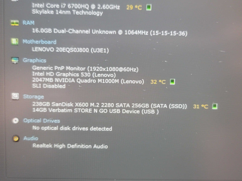 Lenovo ThinkPad P50 i7-6700HQ 16GB DDR4 Quadro M1000M 256GB SSD  β Lap200