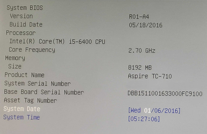 Acer Aspire TC-710 - Core i5-6400 @ 2.70GHz, 8GB DDR3, NO HDD