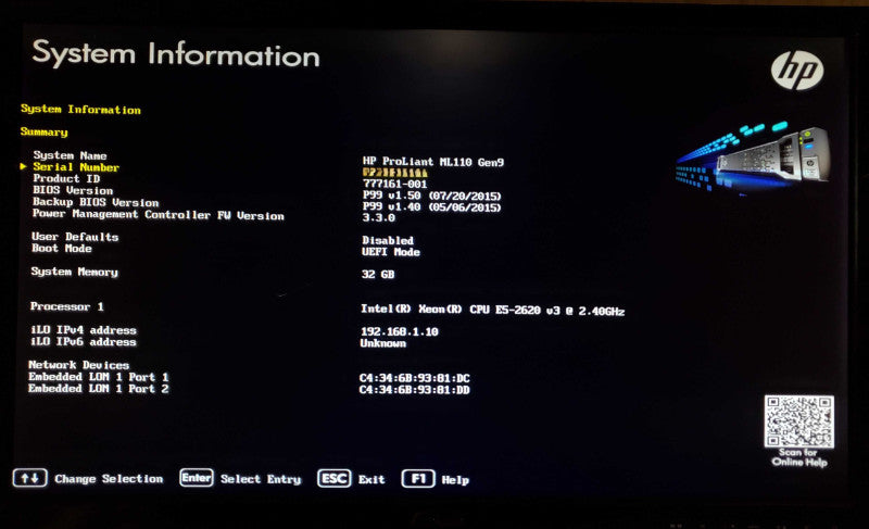 HP ProLiant ML110 Gen0 1x Xeon E5-2620 v3 32GB DDR4 B140i - No HDD