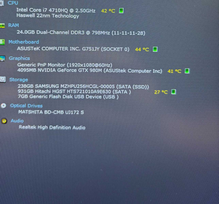 Asus  ROG G751JY i7-4710HQ GTX 980M 4GB GPU 24GB RAM 256GB SSD 1TB HDD  Lap200