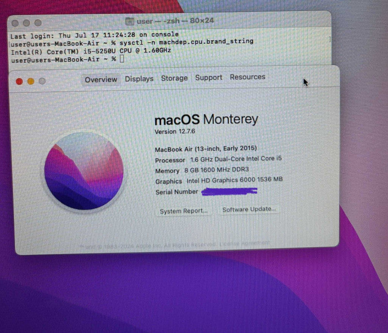 Apple MacBook Air 13-inch Early 2015 i5-5250U@1.6GHz 8GB RAM 256GB SSD
