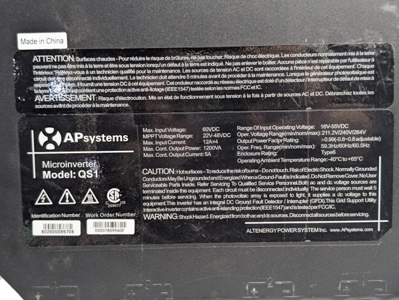 APsystems grid-tied Solar Microinverter Model QS1 READ Q-