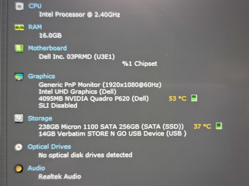 Dell Precision 3551 i9-10885H 16GB DDR4 Quadro P620 256GB SSD READ  β Lap200