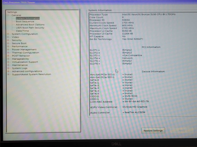 Dell Precision 7820 1x Xeon Bronze 3106 1.70GHz, 16GB DDR4, 950W PSU, K2200 _