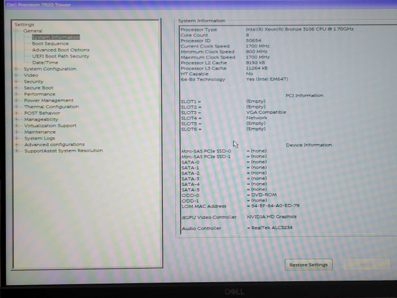 Dell Precision 7820 1x Xeon Bronze 3106 1.70GHz, 16GB DDR4, 950W PSU, K2200 _