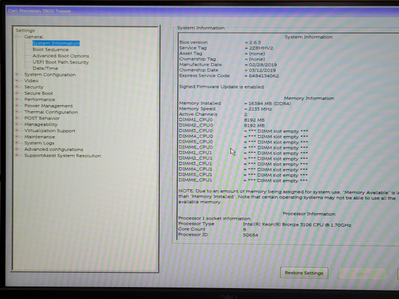 Dell Precision 7820 1x Xeon Bronze 3106 1.70GHz, 16GB DDR4, 950W PSU, K2200 _