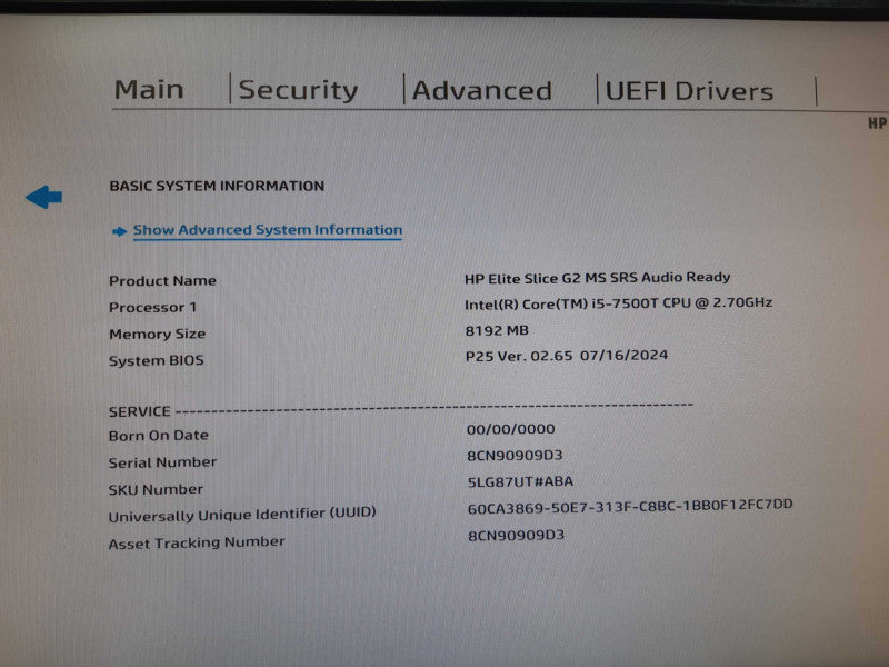 HP ELite Slice G2  Intel Core i5-7500T 2.7GHz 4 Core, 8GB DDR4, No HDD Q
