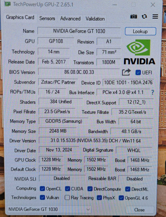 Zotac GeForce GT 1030 2GB GDDR5 Silent Graphics Card