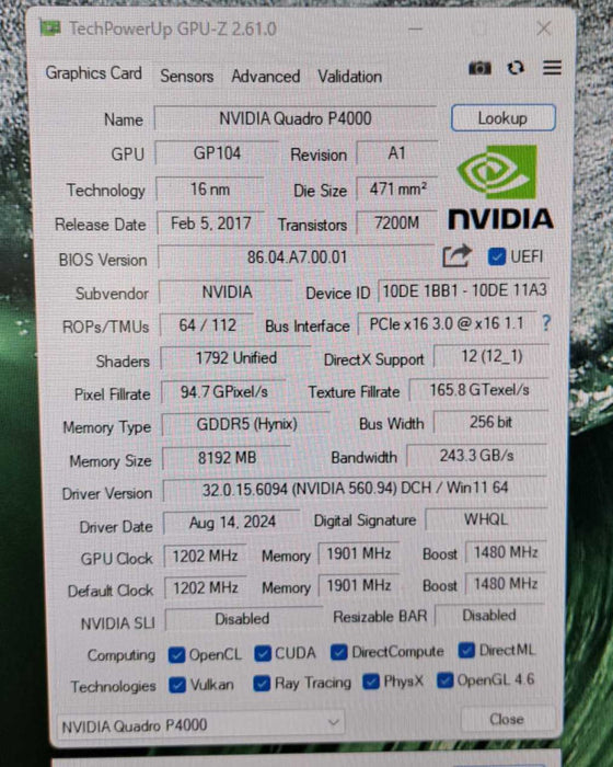 NVIDIA Quadro P4000 8GB GDDR5 Graphics Card | 4x DisplayPort