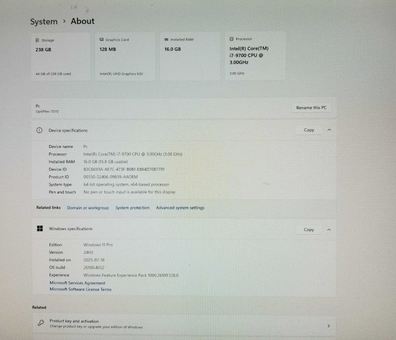 Dell OptiPlex 7070 SFF, Intel i7-9700 CPU 3.00GHz 16GB RAM - 256GB NVMe