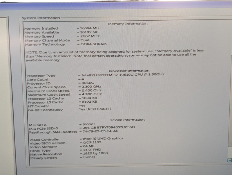 DELL Latitude 7410 Intel Core i7-10610U 16GB RAM 256GB SSD  - Lap200