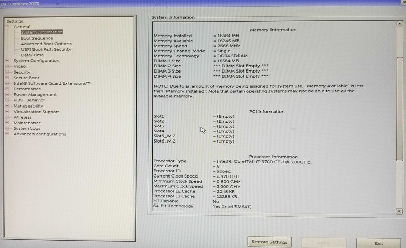 Dell Optiplex 7070 Tower, Intel i7-9700 CPU 3.00GHz, 16GB RAM - NO HDD