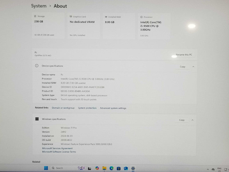 Dell OptiPlex 5270 AiO Touch Intel i5-9500 CPU 3.0GHz, 8GB RAM - 256GB NVMe