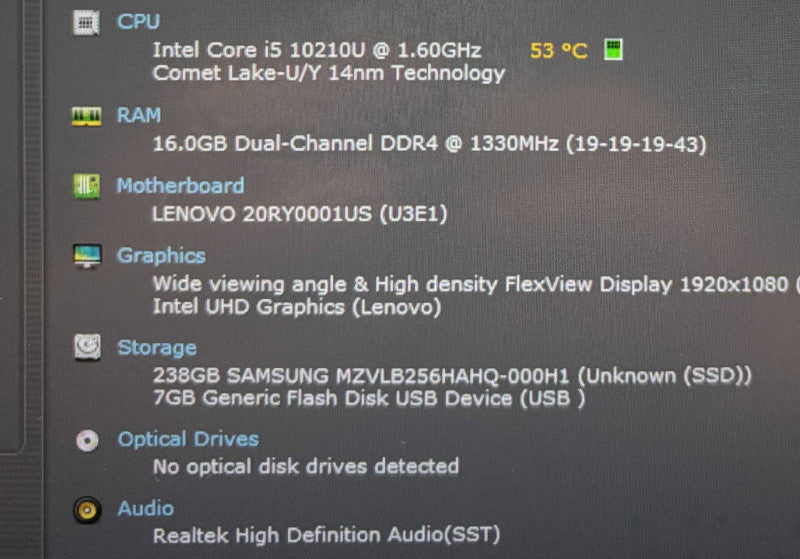 Lenovo ThinkPad T490 i5-10210U@1.6GHz 16GB RAM 256GB SSD No Power Adapter! Q Lap200