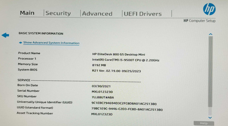 HP EliteDesk 800 G5 USFF i5 - 9500T CPU 2.20GHz, 8GB RAM - NO HDD Q