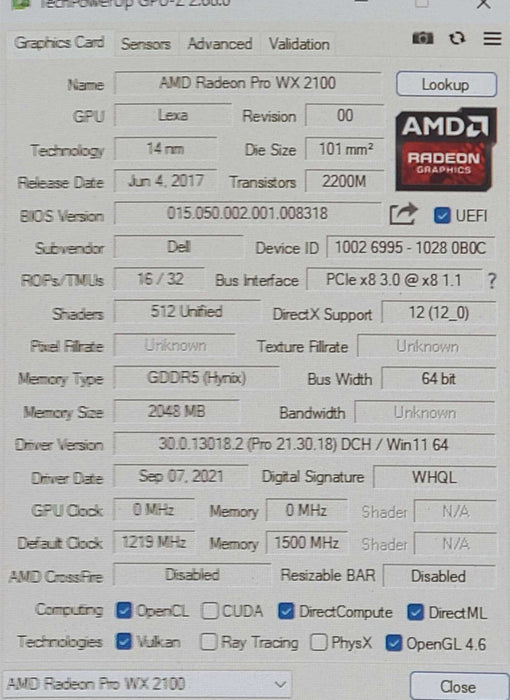 Dell AMD Radeon Pro WX 2100 2GB GDDR5 Graphics Card Dell P/N: 03DWX7