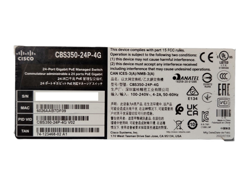 Cisco CBS350-24P-4G V02, 24 Ports Rack Mountable Ethernet Switch