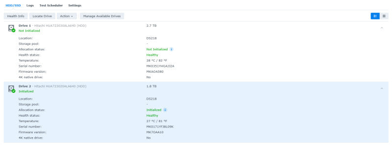 Synology DiskStation DS218+ 2 bays NAS, w/ 1x 2TB & 1x 3TB HDDs, No PWR