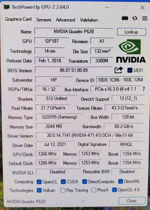 Nvidia Quadro P620 2GB GDDR5 Graphics Card - Missing Bracket