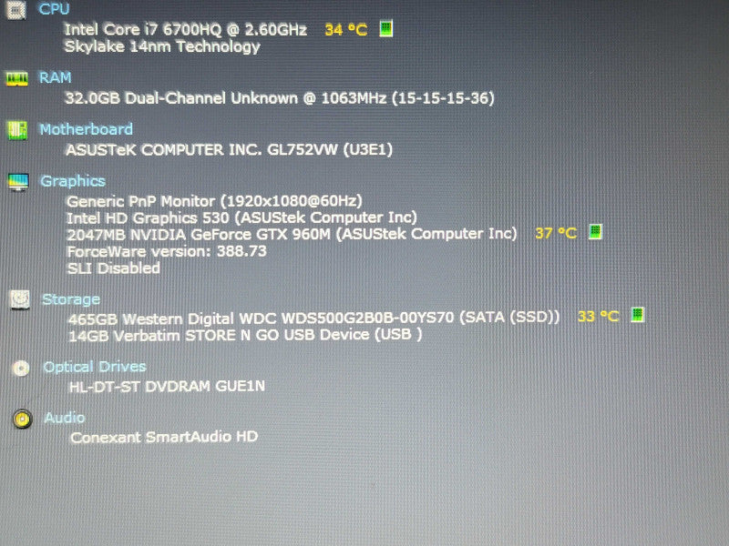 ASUS ROG GL752V i7-6700HQ 32GB DDR4 GTX 960M 500GB SSD READ β Lap200