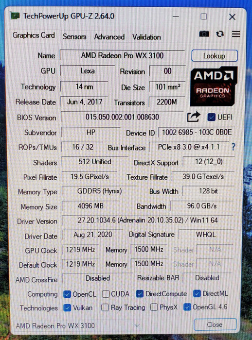 AMD Radeon PRO WX3100 4GB GDDR5 GPU - 2xMiniDP 1xDP