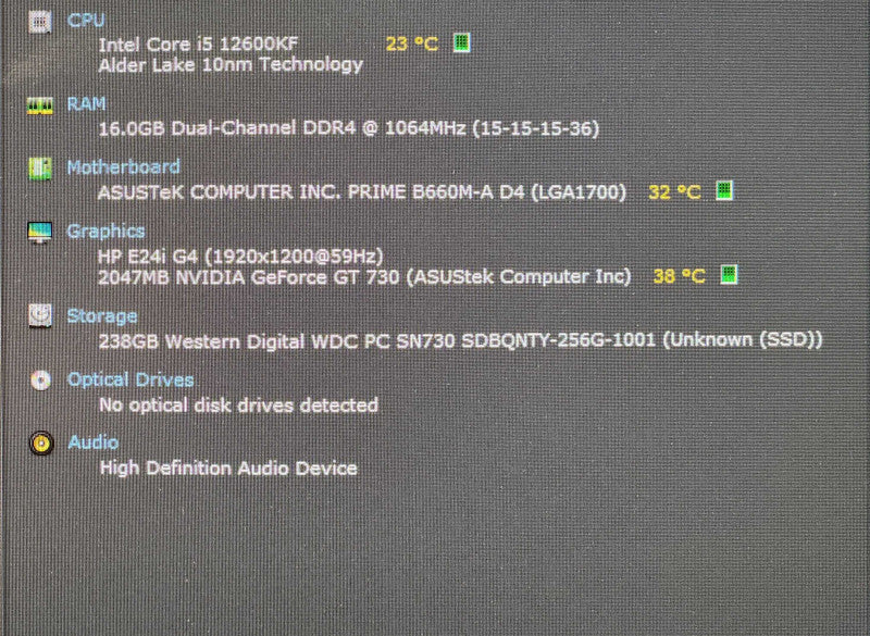 Custom PC, ASUS PRIME B660M-A, i5-12600KF, 16GB DDR4, 256GB NVMe, GT730