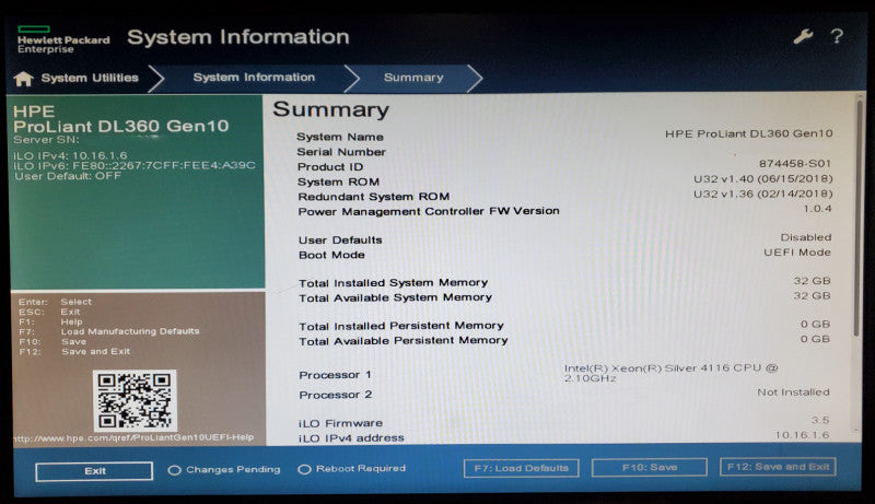 HP ProLiant DL360 Gen10 1x Xeon Silver 4116 32GB DDR4 P408i-a SR - No HDD