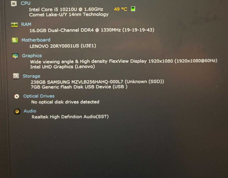 Lenovo ThinkPad T490 Core i5-10210U@1.6GHz 16GB RAM 256GB SSD  Lap200