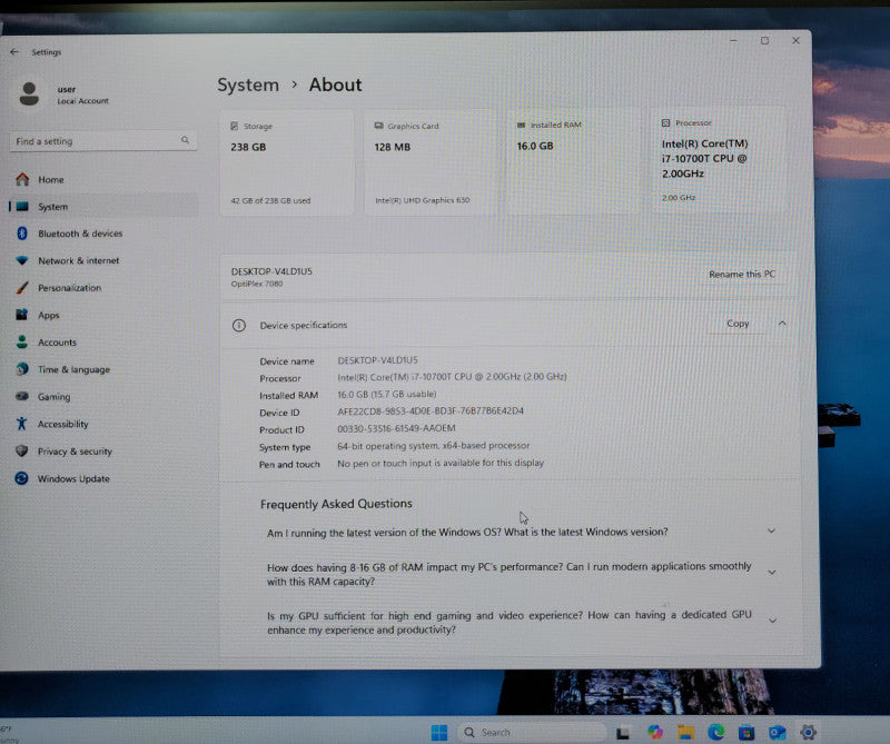 Dell OptiPlex USFF 7080 i7-10700T@2.0GHz 16GB/256GB M.2 SSD