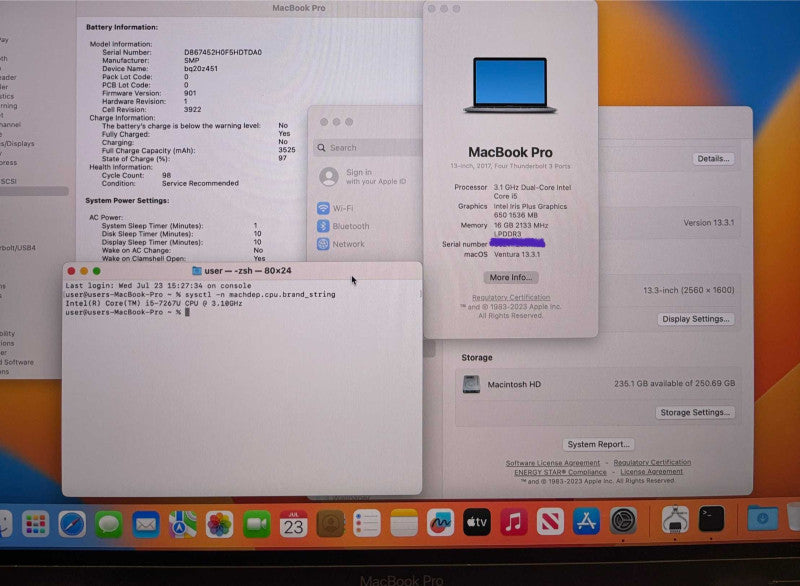 Apple MacBook Pro 13" 2017 i7-7267U 16GB 256SSD Battery Service Recommended