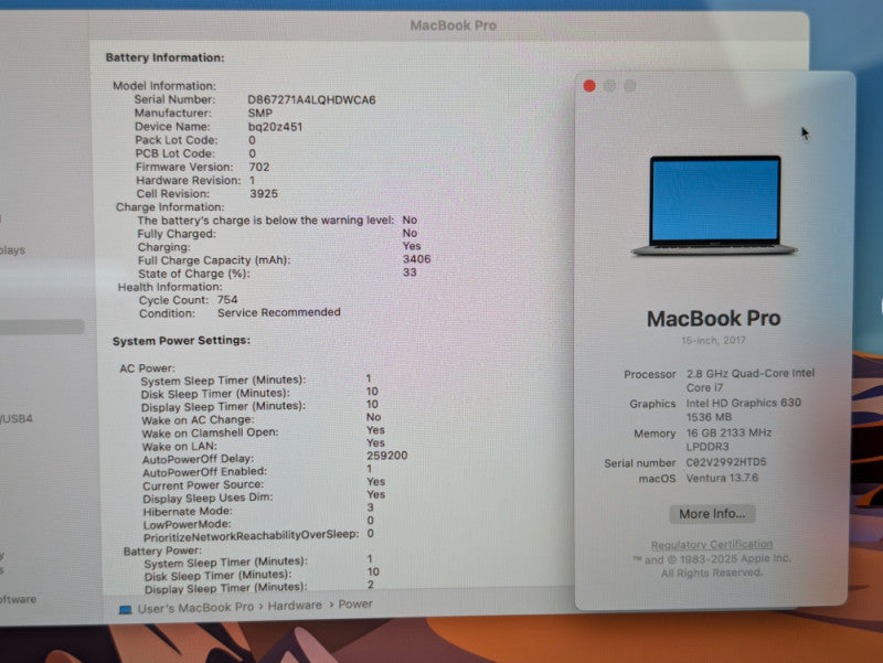 Apple MacBook PRO 15-inch 2017 Intel Core i7-7700HQ 16GB RAM 250GB Storage  -