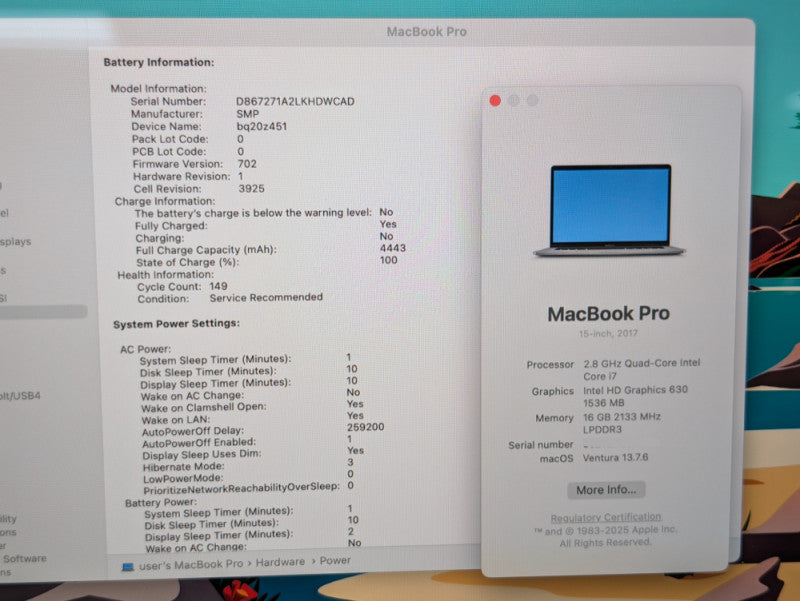 Apple MacBook PRO 15-inch 2017 Intel Core i7-7700HQ 16GB RAM 250GB READ  -