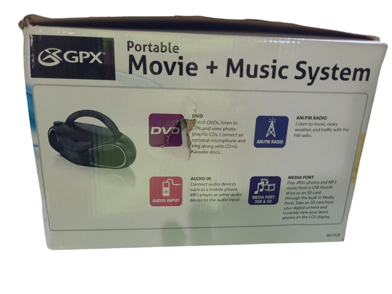 GPX Portable Boombox Music and Movie System 7" LCD Display Model BD702B