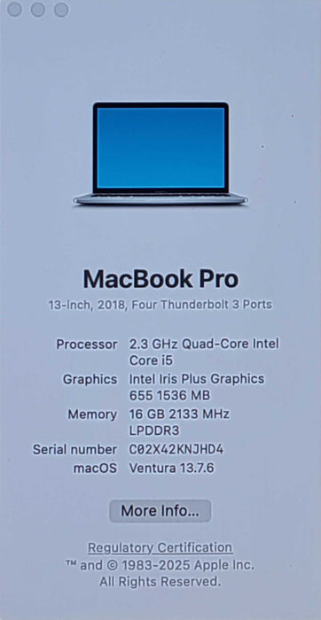 Apple MacBook Pro 13" 2018 - Core i5-8259U, 16GB RAM, 256GB SSD