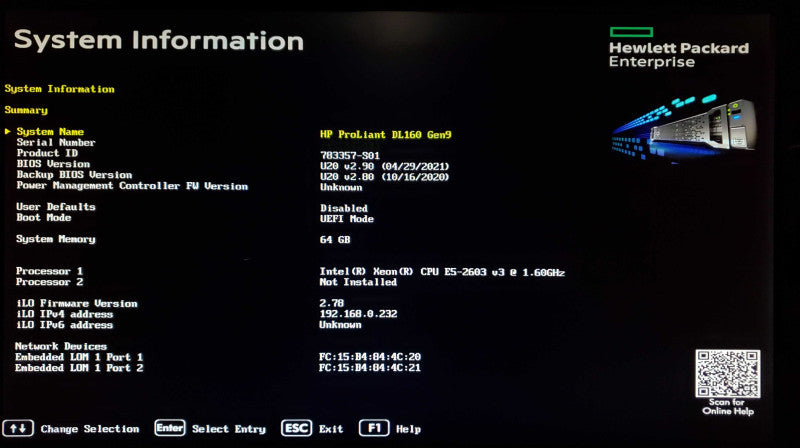 HP ProLiant DL160 Gen9 1x Xeon E5-2603 v3 64GB DDR4 B140i - No HDD
