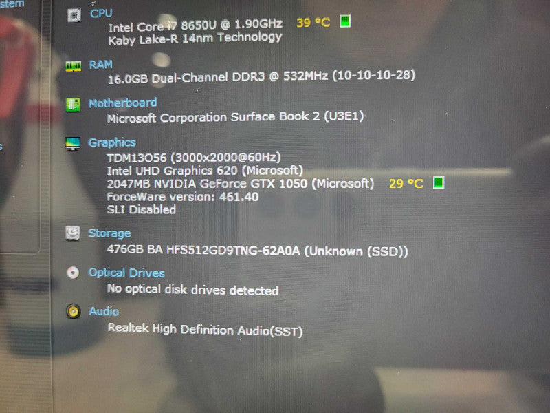 Microsoft Surface Book 2 1832 i7-8650U 1.9GHz 500GB SSD 16GB Ram GTX1050 RE $ Lap200
