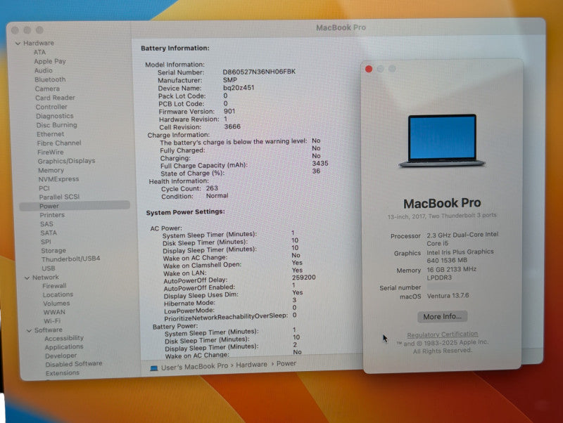 Apple MacBook PRO 2017 13-inch Intel i5-7360U 16GB RAM 250GB Storage  -