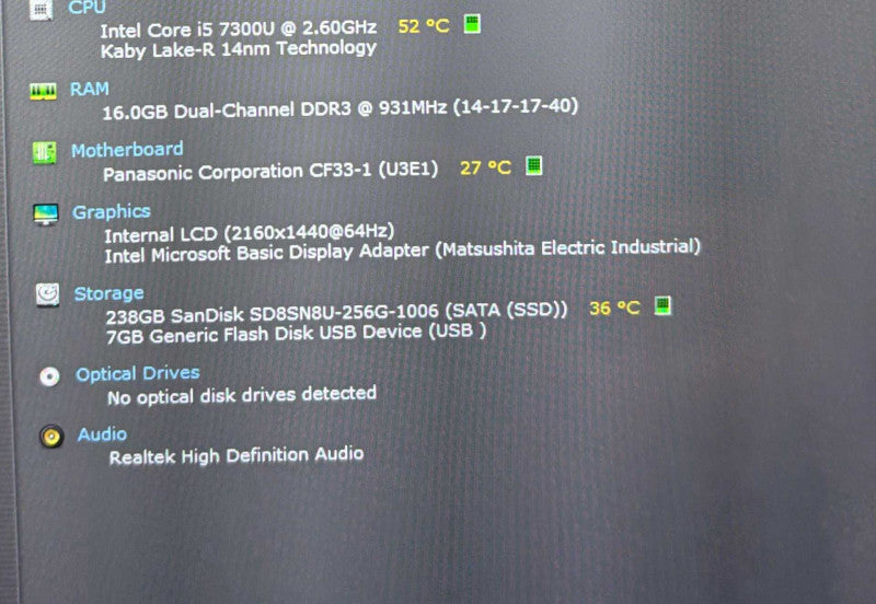 Panasonic ToughBook TOUCH CF-33 i7-7300U 16GB RAM 256GB SSD 3980Hrs.