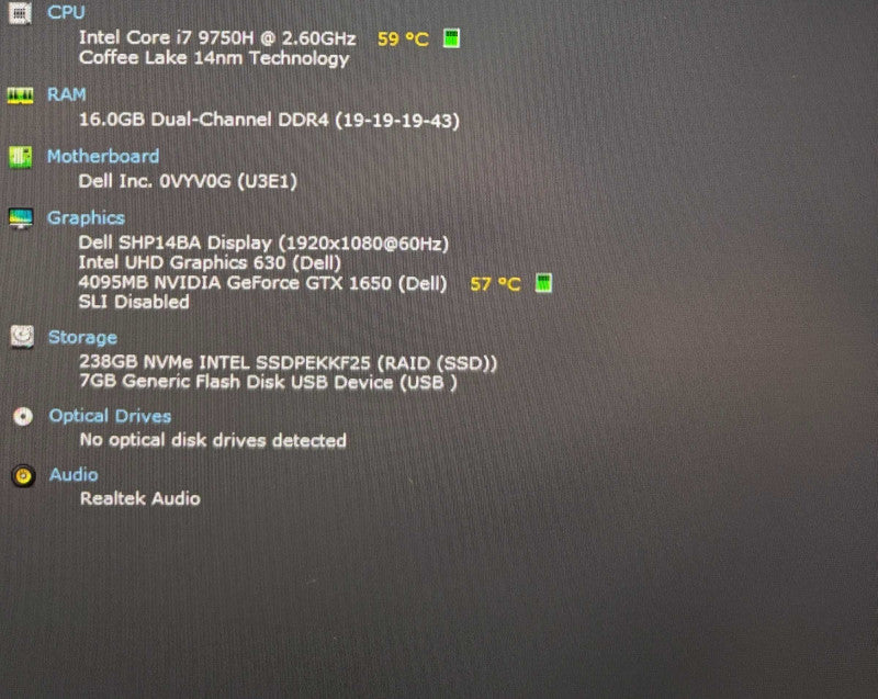 Dell XPS 15 7590 i7-9750H@2.6GHz GTX 1650 4GB GPU 16GB RAM 256GB SSD