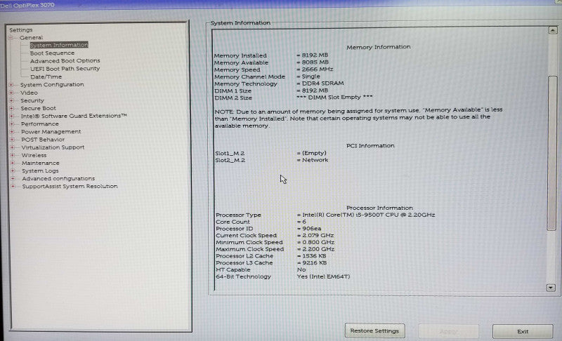 Dell OptiPlex 3070 USFF, Intel i5-9500T CPU 2.20GHz 8GB RAM - No HDD