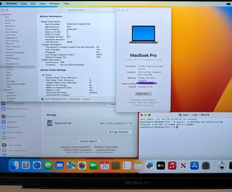 Apple MacBook Pro 13 2017 i7-7660 16GB 1TB Battery Service Recommended READ