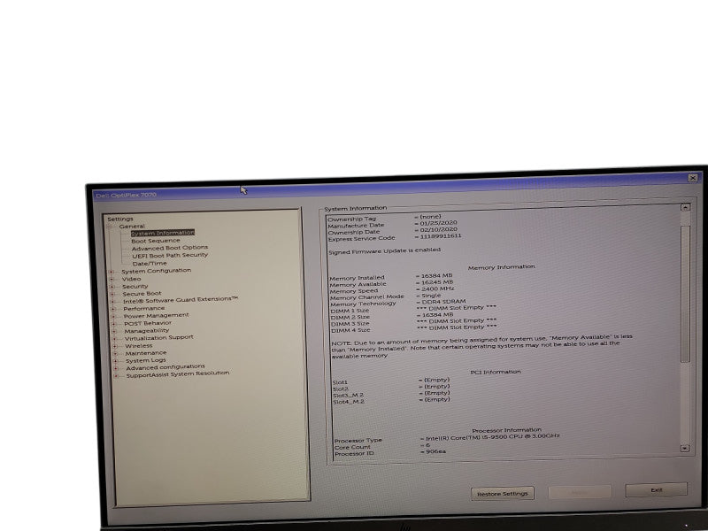 Dell OptiPlex 7070 i5 - 9500 @ 3.00GHz 16GB DDR4 Ram  Qθ
