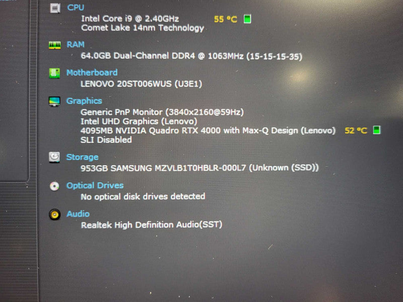 Lenovo ThinkPad P15 i9-10885H 64GB DDR4 Quadro RTX4000 4GB GPU 256GB SSD $ Lap200