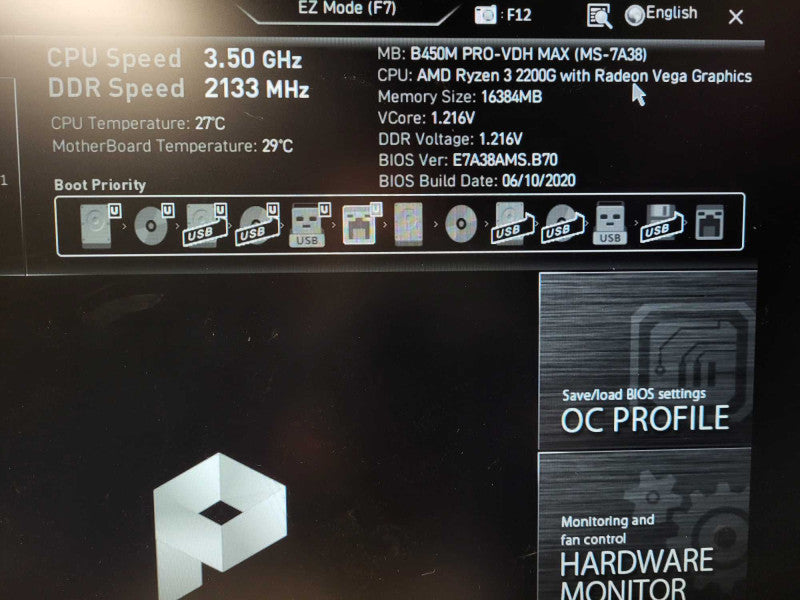 Custom PC MSI B450M PRO-VDH Max RYZEN 3 2200G 16GB DDR4 550W PSU $