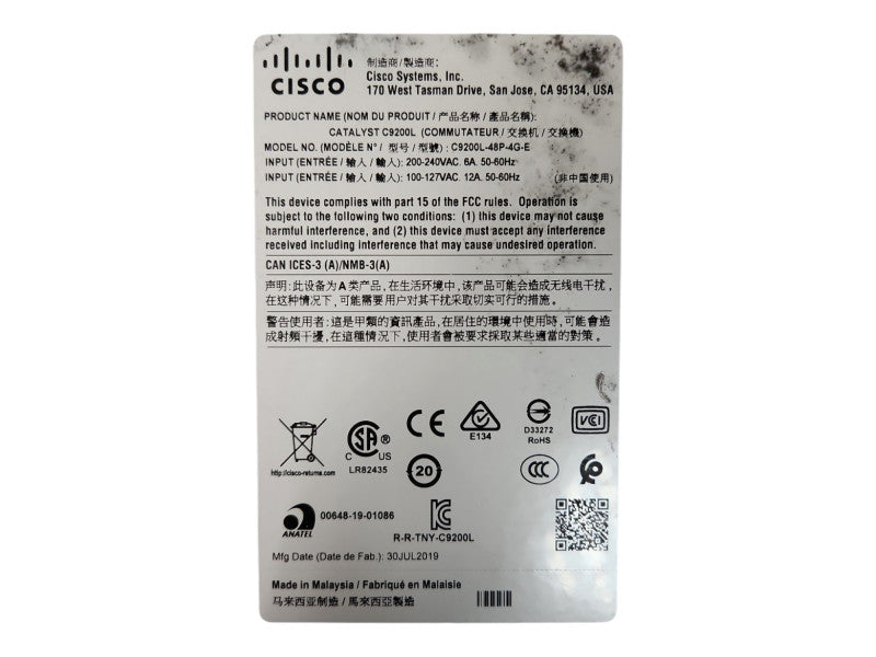 Cisco C9200L-48P-4G-E V01 | 48-Port Gigabit PoE+ Managed Switch w/ 1x PSU