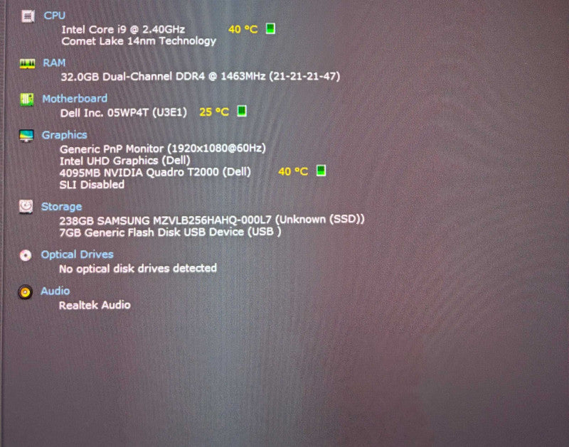 Dell Precision 7550 i9-10885H@2.4Gh QUADRO T2000 4GB GPU 32GB RAM 256GB SSD  Lap200