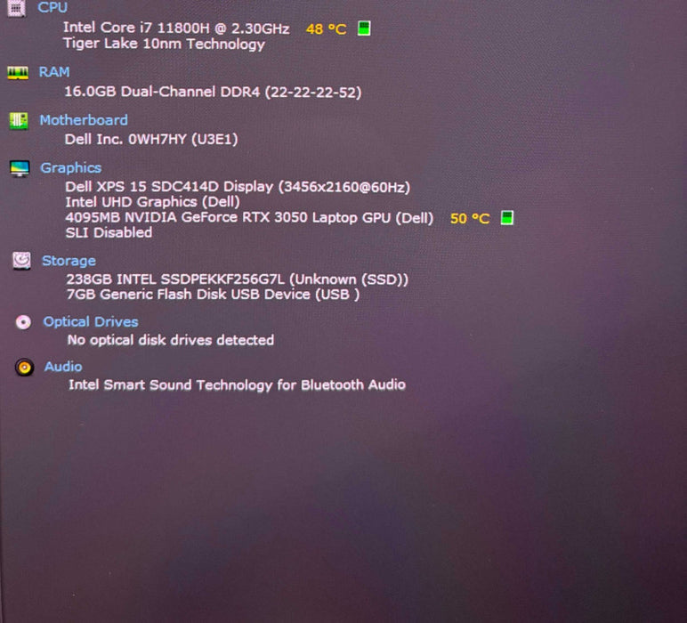 Dell XPS 15 9510 4K TOUCH i7-11800H@2.3GHz RTX3050 4GB GPU 16GB 256SSD READ  Lap200